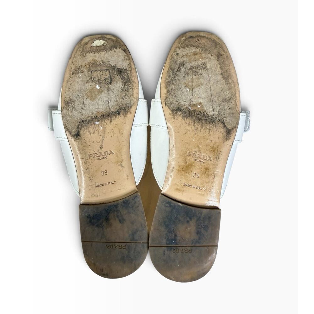 Prada White Leather Fringe Buckle Mules Flats IT 39 US 9 Gold Hardware - Picture 11 of 11